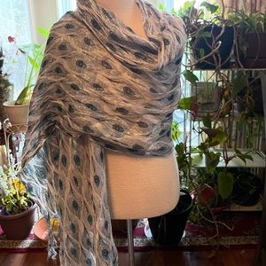 Peacock patterned shawl w/ silver white and turquoise tones. Light& comfortable.